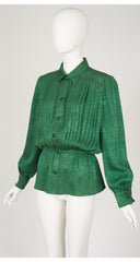 1980s Green Silk Jacquard Pleated Collared Blouse