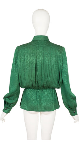 1980s Green Silk Jacquard Pleated Collared Blouse