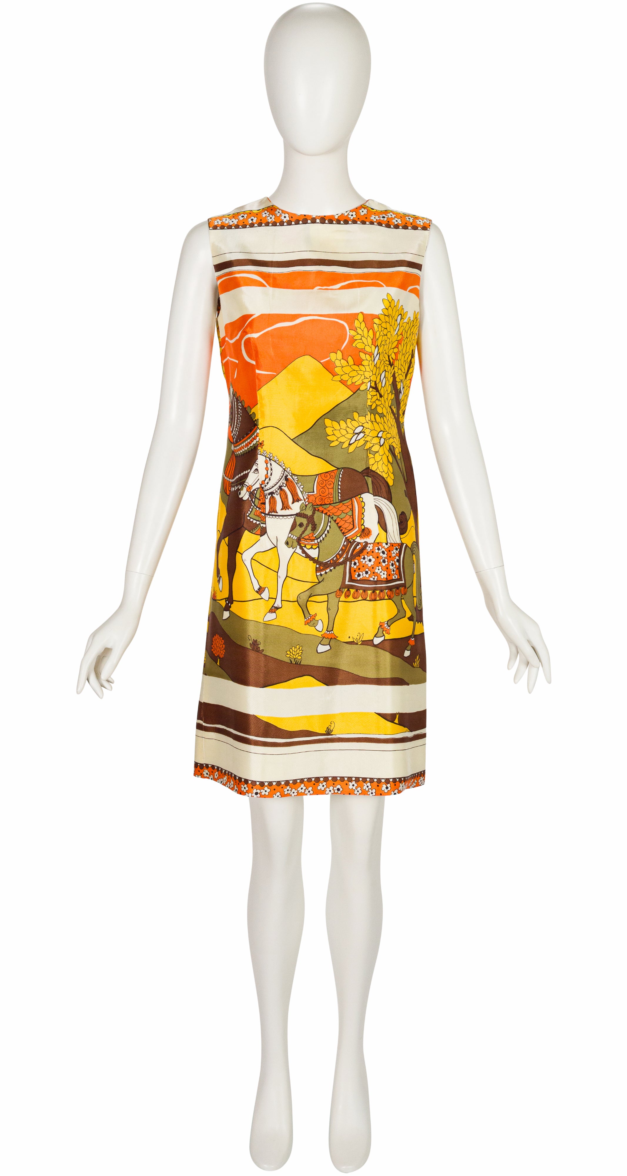 1960s Horse Scenic Print Twill Shift Dress