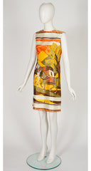 1960s Horse Scenic Print Twill Shift Dress
