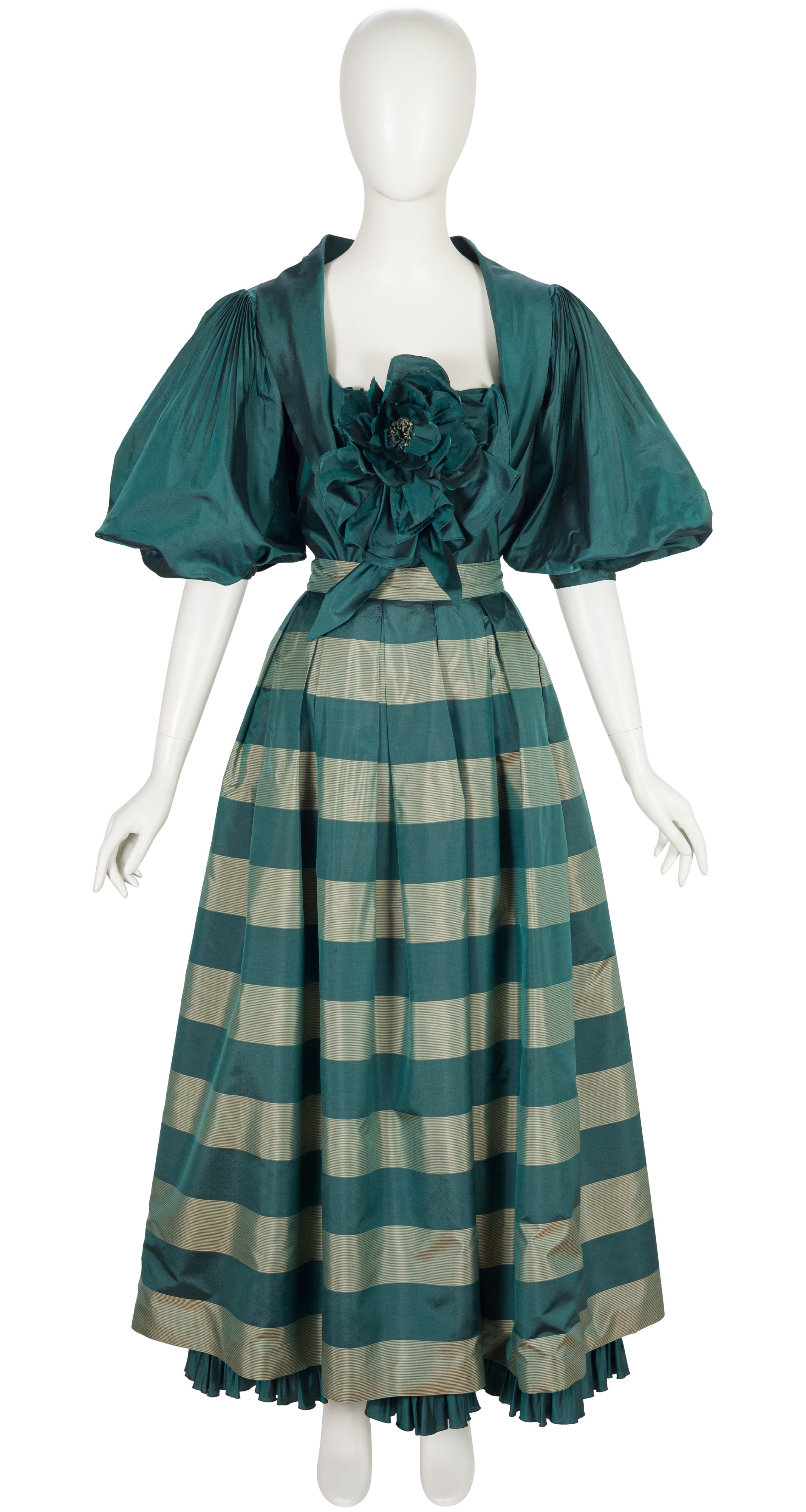 1980s Green Striped Silk Taffeta Puff Sleeve Evening Set