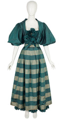 1980s Green Striped Silk Taffeta Puff Sleeve Evening Set