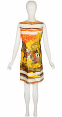 1960s Horse Scenic Print Twill Shift Dress