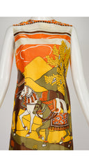 1960s Horse Scenic Print Twill Shift Dress