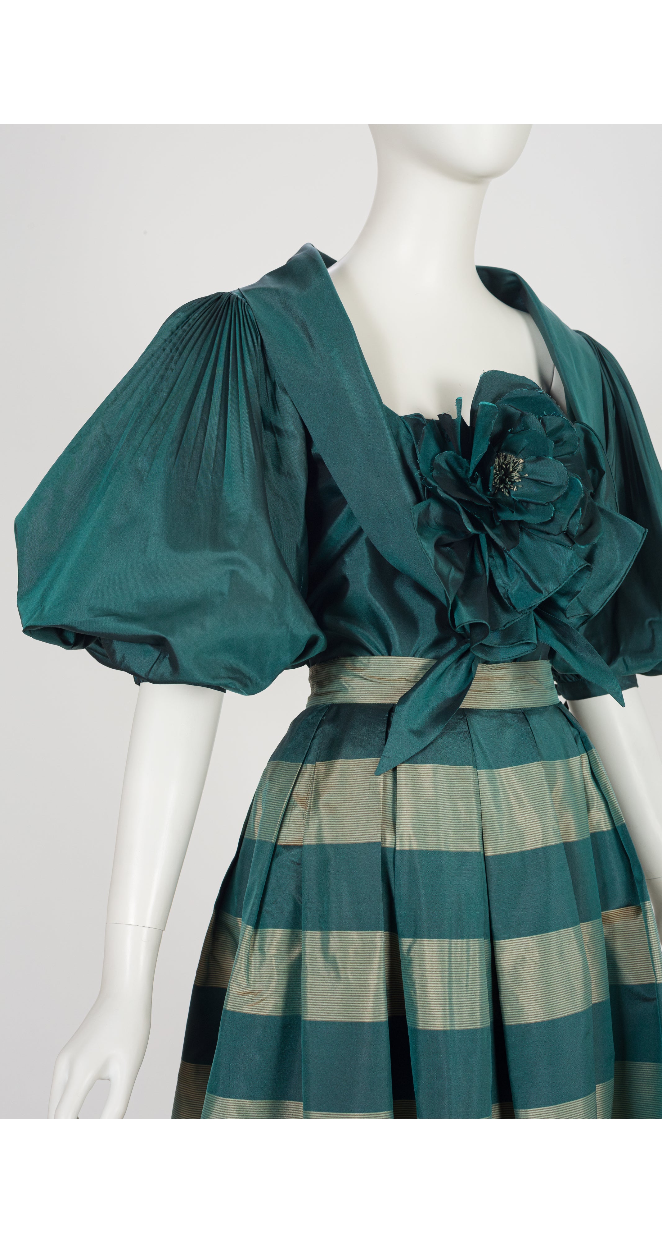 1980s Green Striped Silk Taffeta Puff Sleeve Evening Set