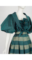 1980s Green Striped Silk Taffeta Puff Sleeve Evening Set