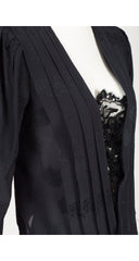 1980s Lace Plunge Neck Pleated Black Silk Blouse