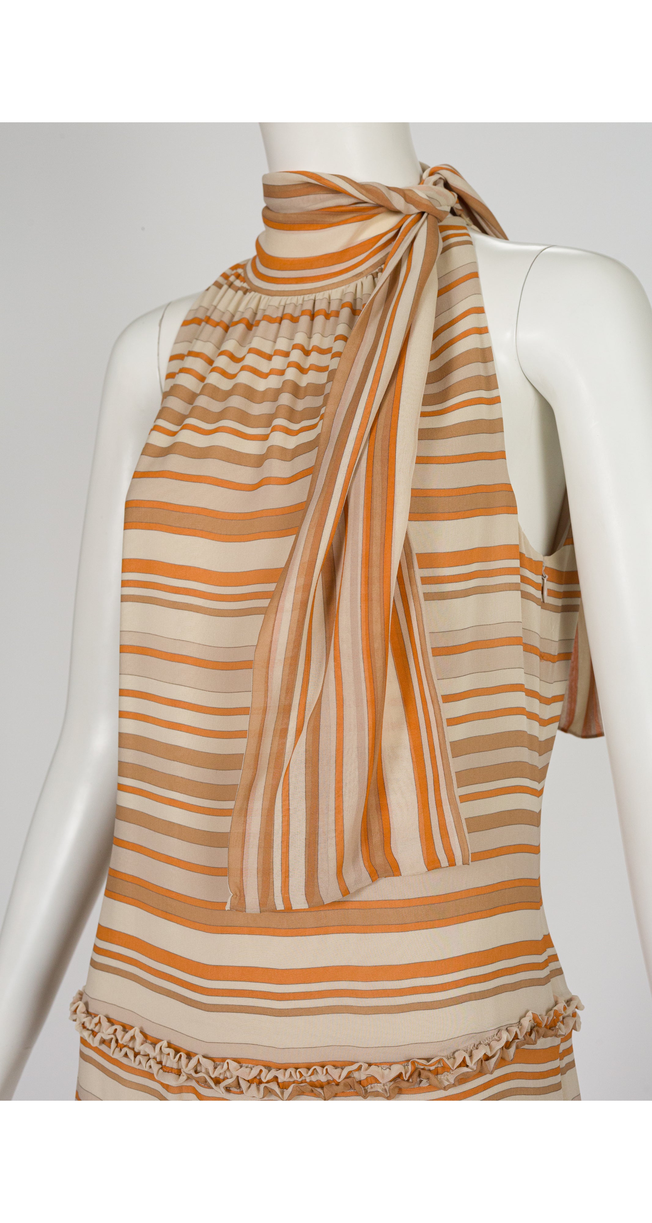 2001 S/S NWT Striped Silk Chiffon Tie-Neck Dress