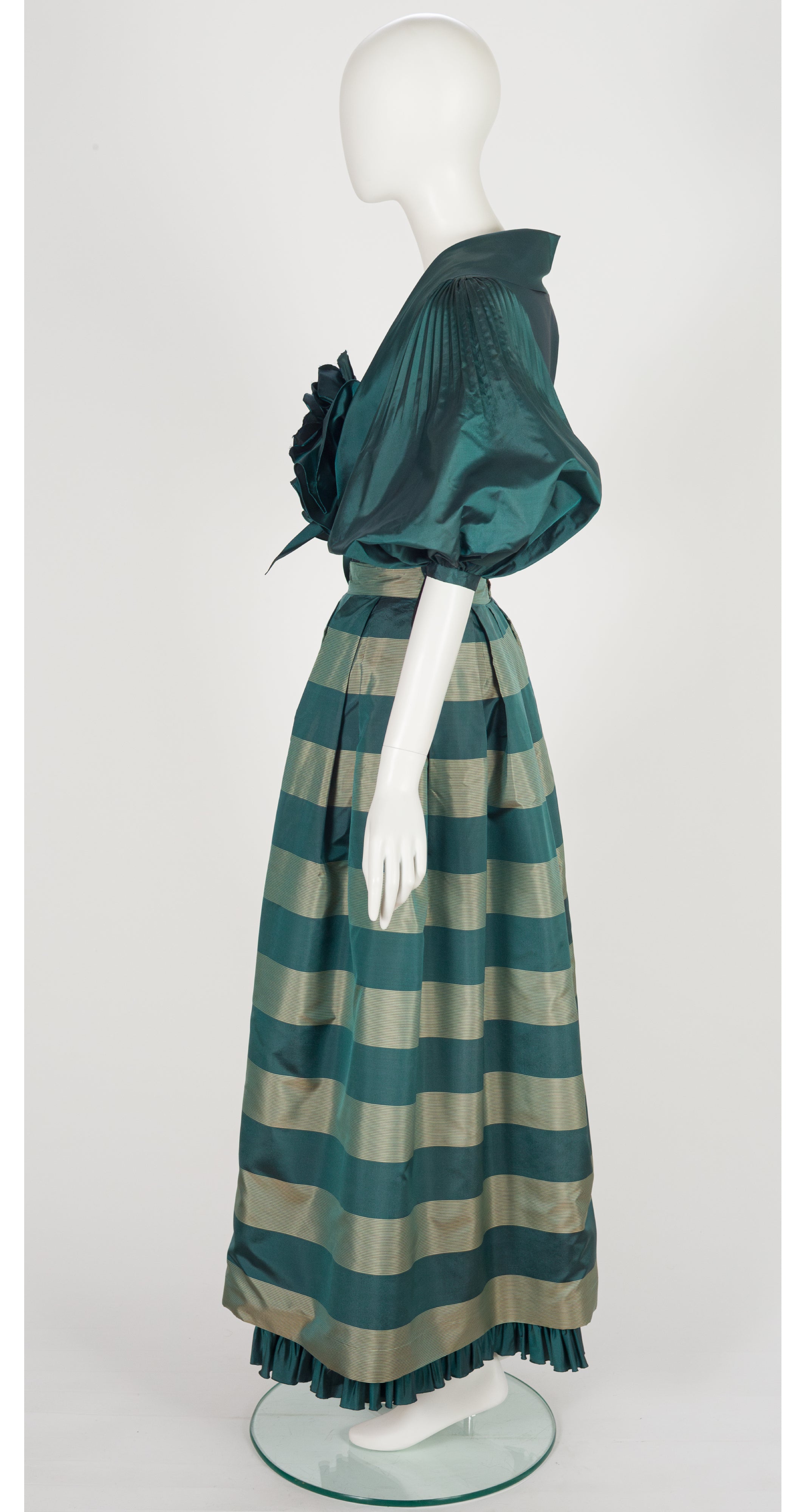 1980s Green Striped Silk Taffeta Puff Sleeve Evening Set