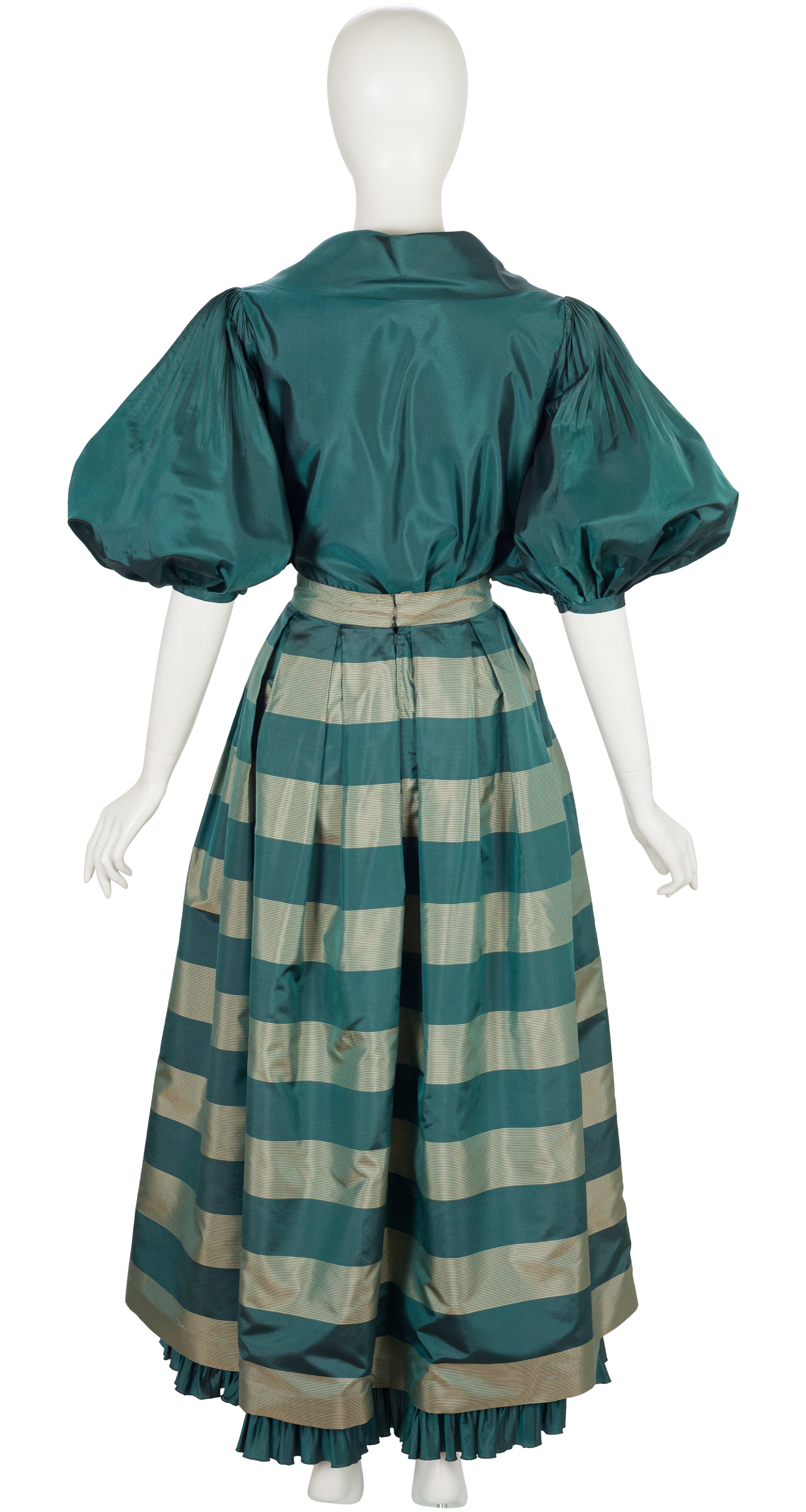 1980s Green Striped Silk Taffeta Puff Sleeve Evening Set