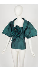 1980s Green Striped Silk Taffeta Puff Sleeve Evening Set