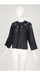 1980s Cut-Out Black Cotton Button Up Blouse