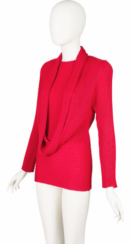 1980s Ribbed Red Wool Cowl Neck Sweater