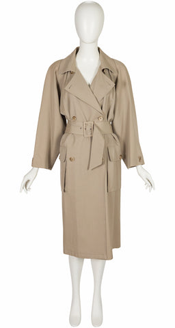1980s Khaki Wool Gabardine Double-Breasted Trench Coat