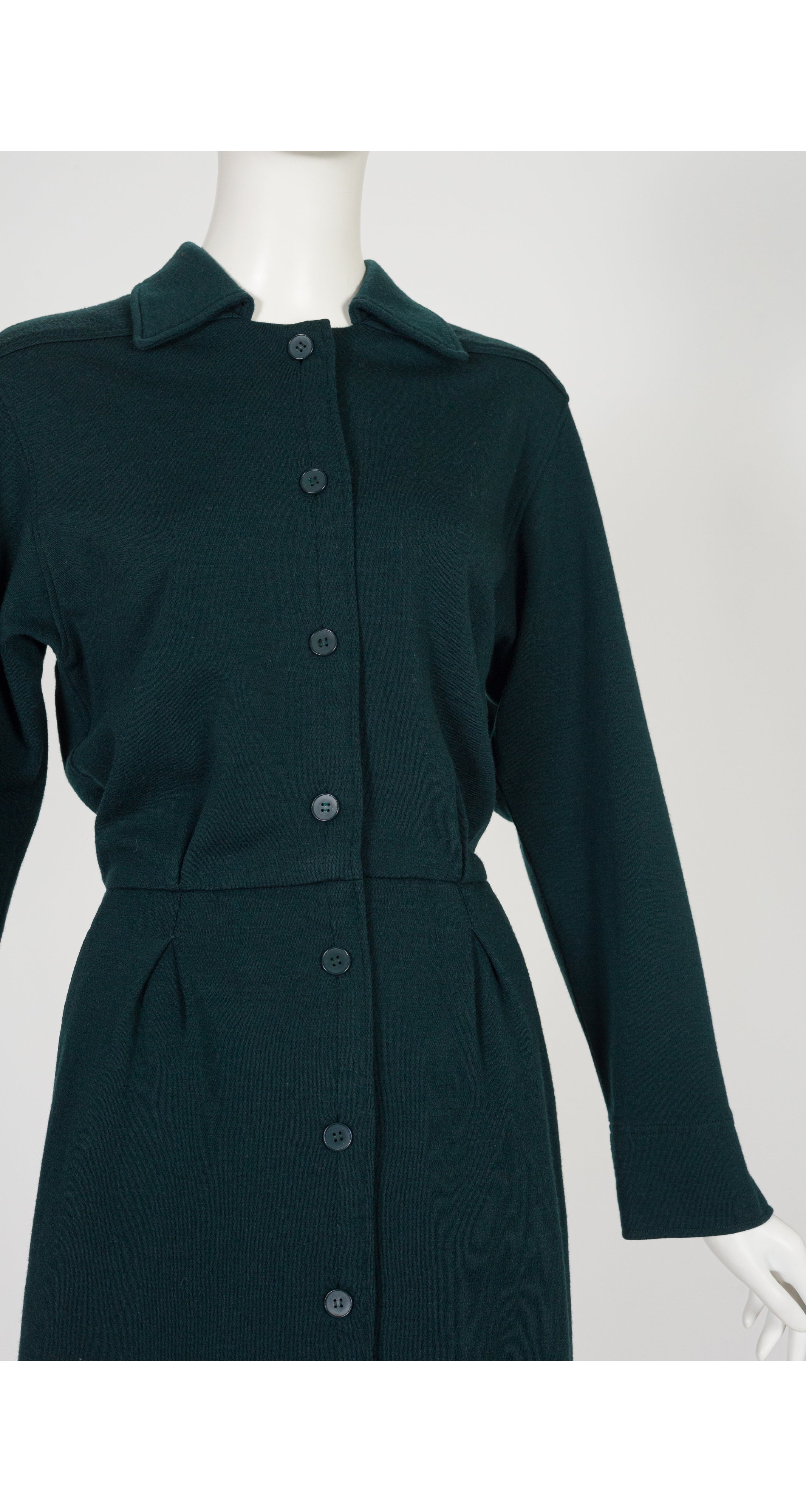 1970s Dark Green Wool Jersey Shirt Dress