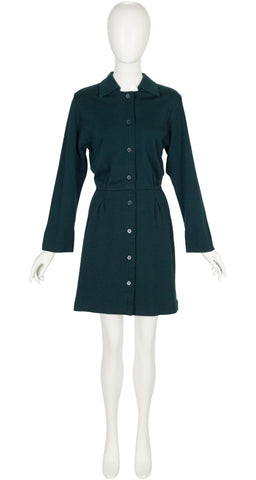 1970s Dark Green Wool Jersey Shirt Dress