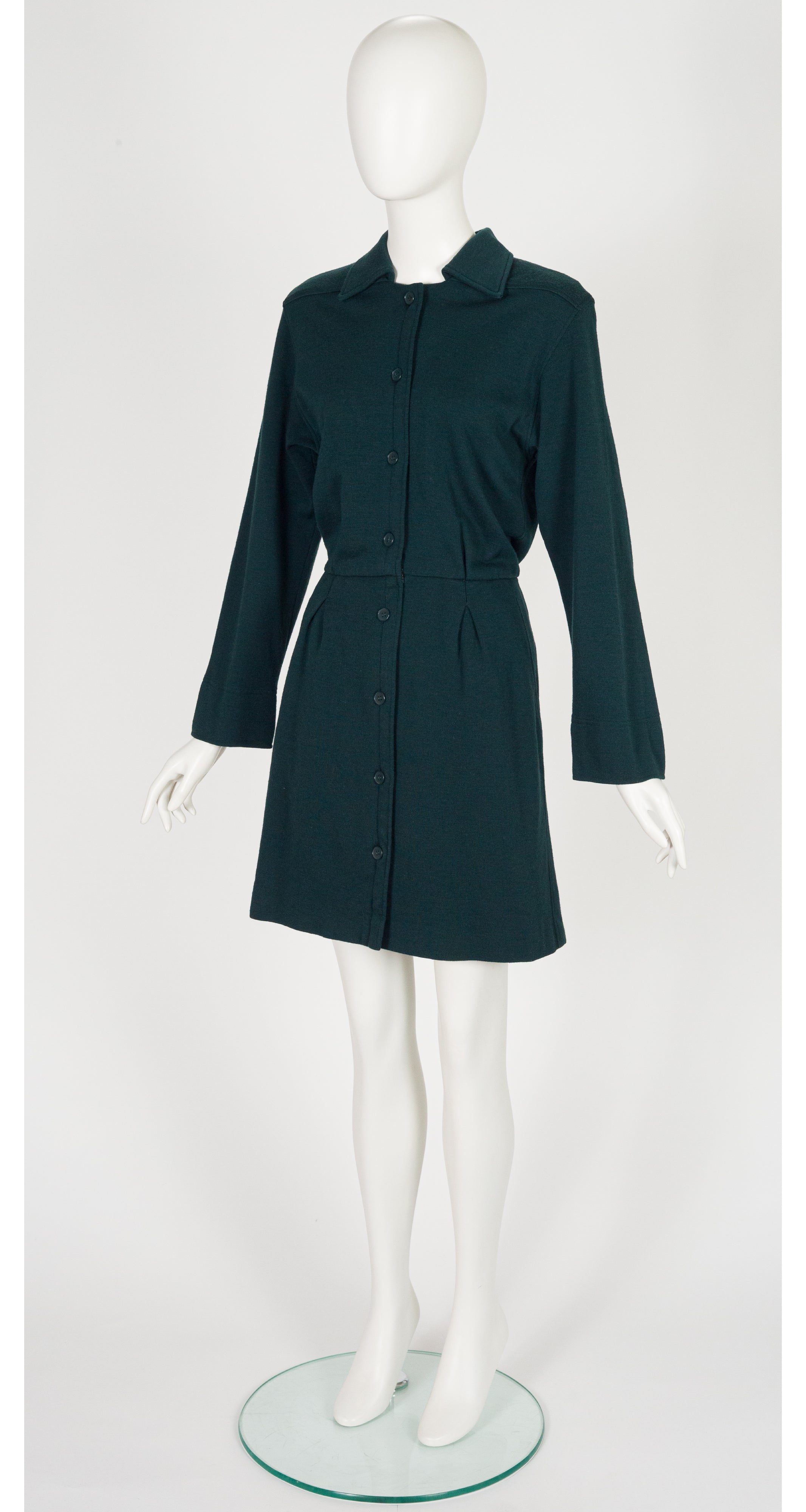 1970s Dark Green Wool Jersey Shirt Dress