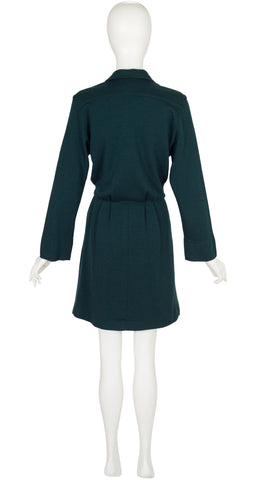 1970s Dark Green Wool Jersey Shirt Dress