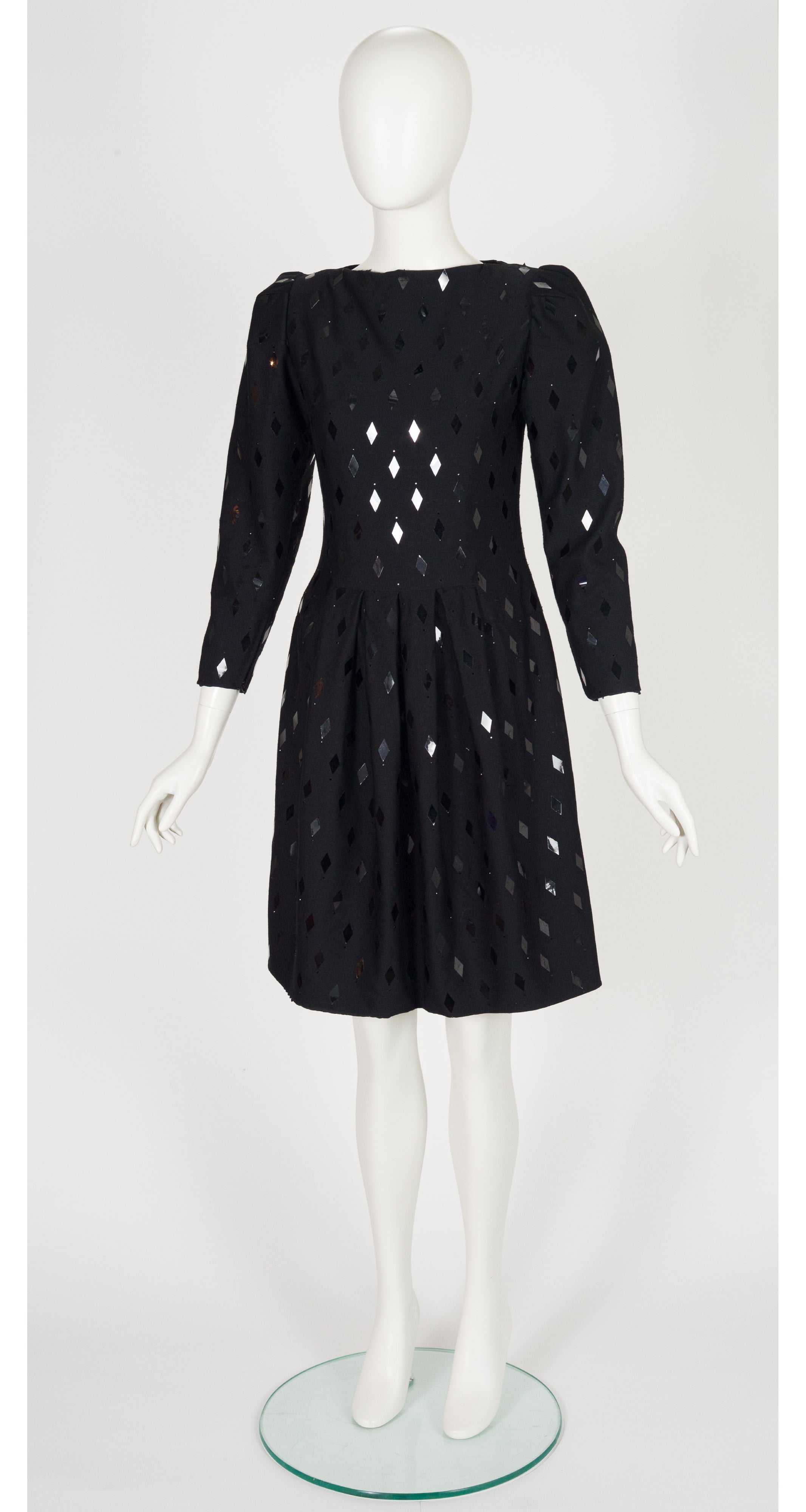 1980s Demi-Couture Harlequin Sequin Black Wool Dress