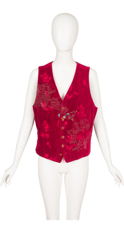 1998 F/W Hand-Embroidered Bird Red Cotton Velvet Waistcoat