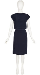 1983 S/S Navy Silk Blouson Cap Sleeve Dress