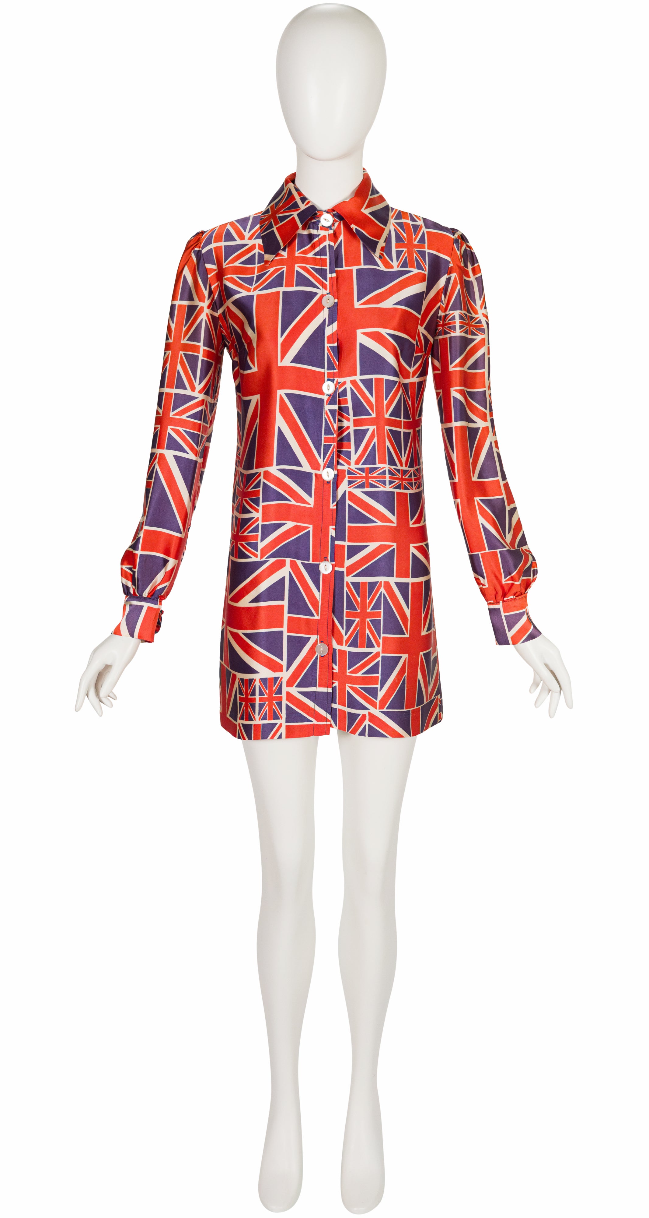 1971 Union Jack Print Satin Mini Shirt Dress