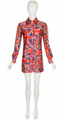 1971 Union Jack Print Satin Mini Shirt Dress