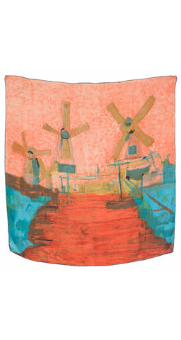 1950s Windmill Print Salmon Silk Twill Scarf