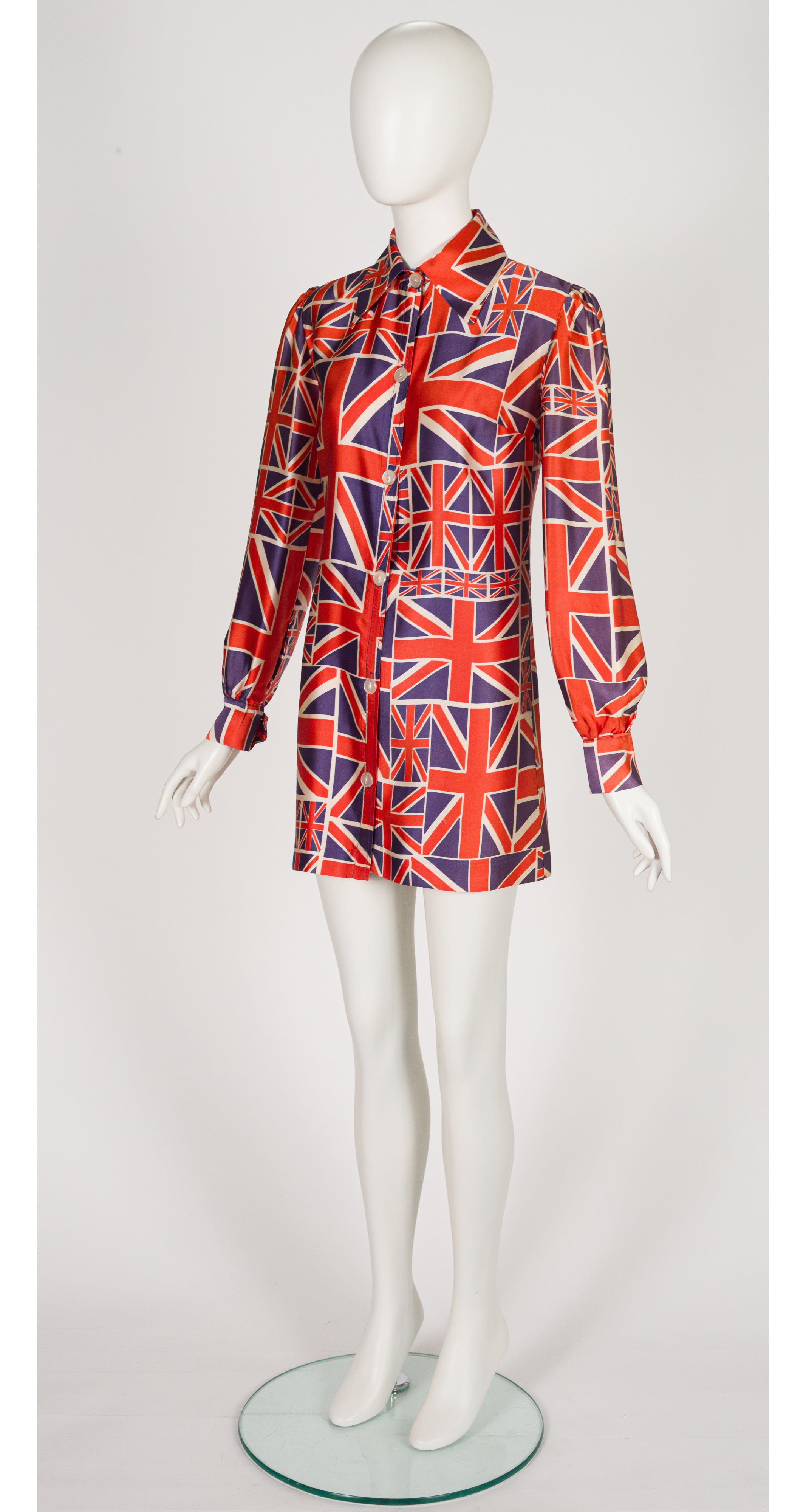 1971 Union Jack Print Satin Mini Shirt Dress