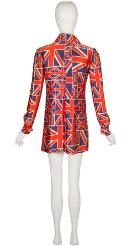 1971 Union Jack Print Satin Mini Shirt Dress