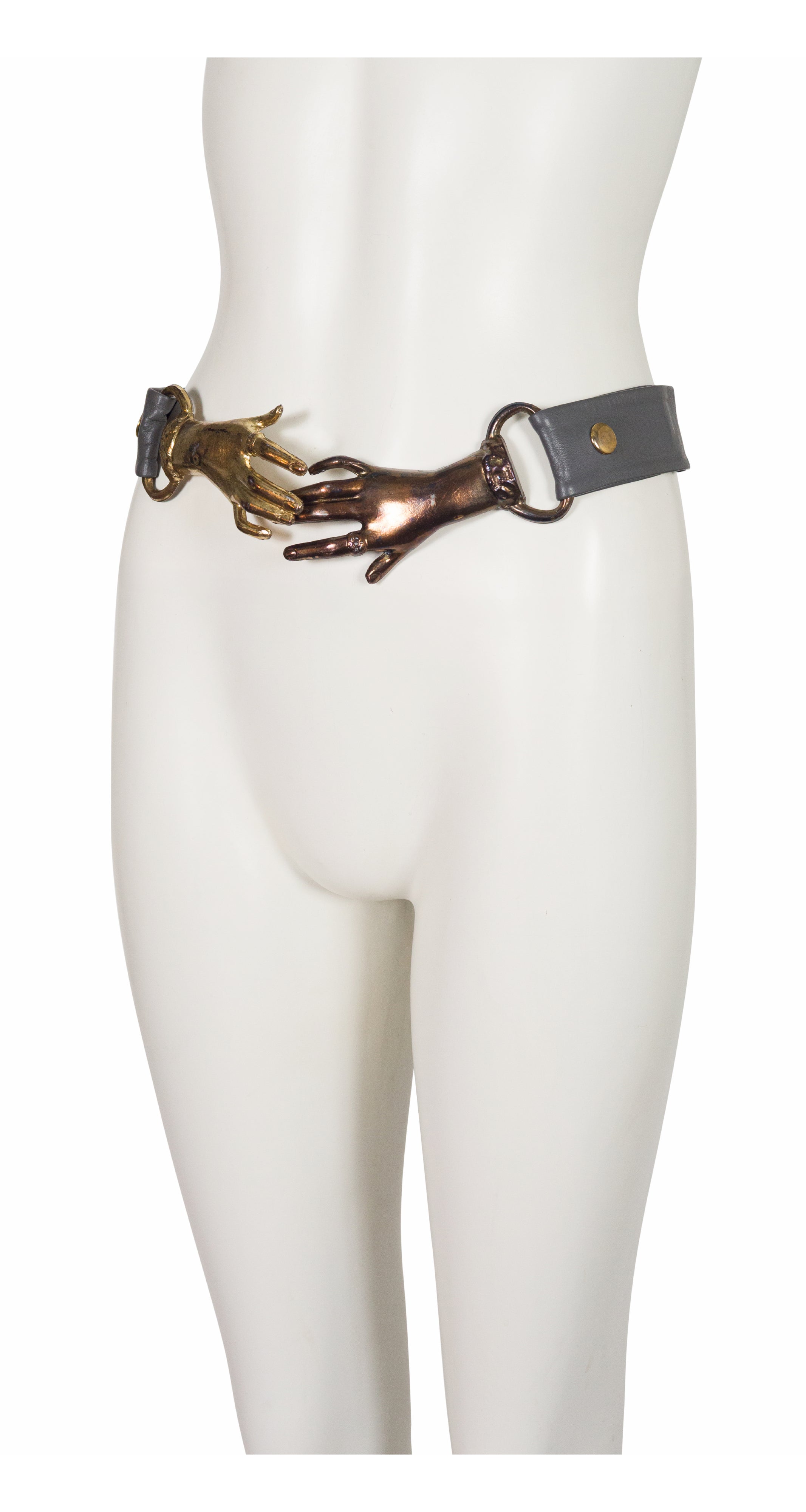 1970s Victorian Revival Clasping Hands Leather Belt