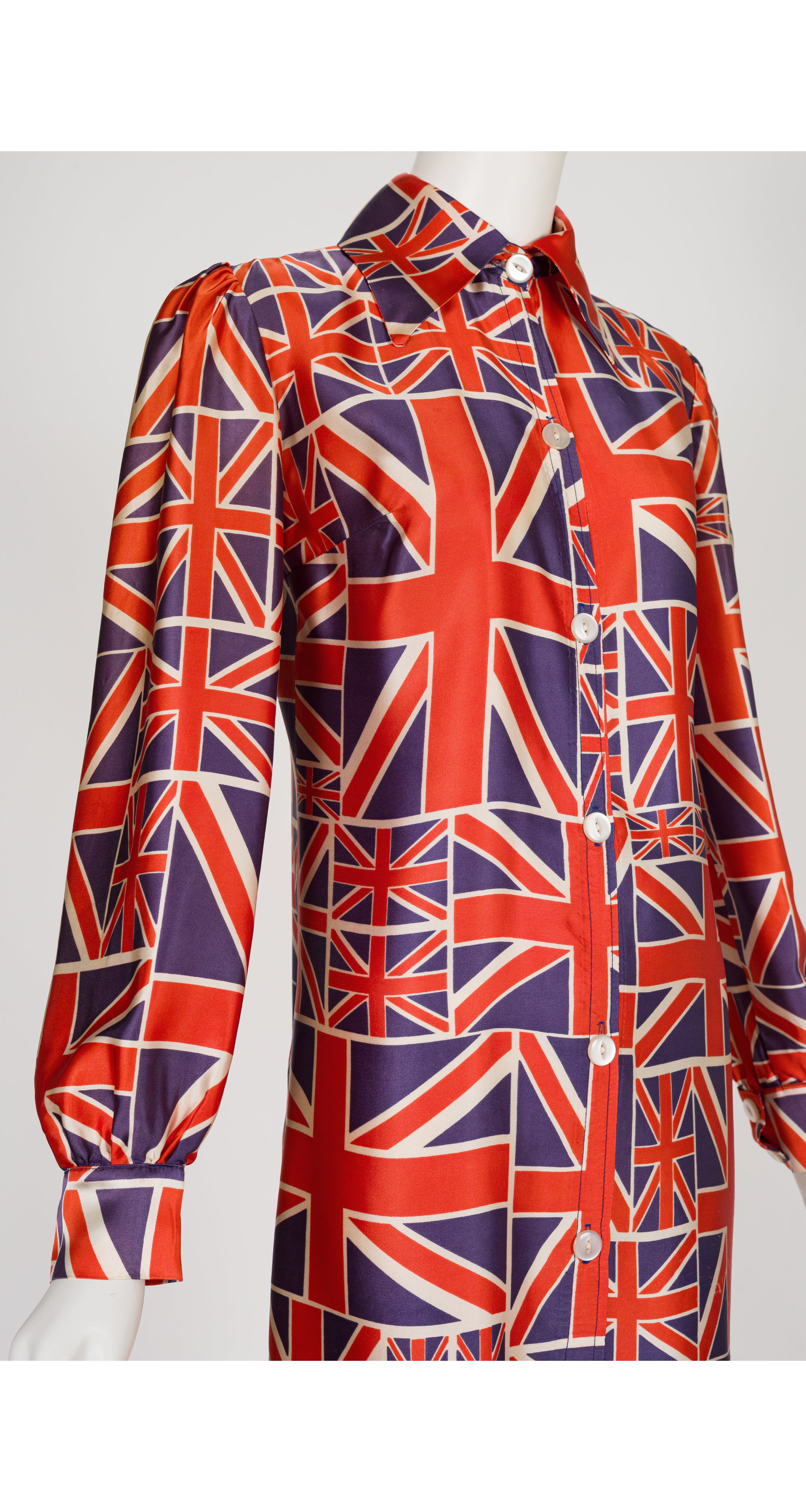 1971 Union Jack Print Satin Mini Shirt Dress