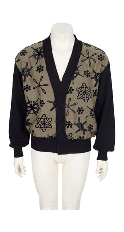 1980s Men's Snowflake Houndstooth Print Black Wool Cardigan