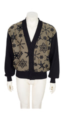 1980s Men's Snowflake Houndstooth Print Black Wool Cardigan