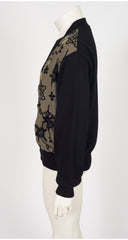 1980s Men's Snowflake Houndstooth Print Black Wool Cardigan
