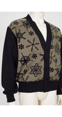 1980s Men's Snowflake Houndstooth Print Black Wool Cardigan