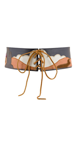 1970s Scenic Leather Appliqué Lace-Up Belt