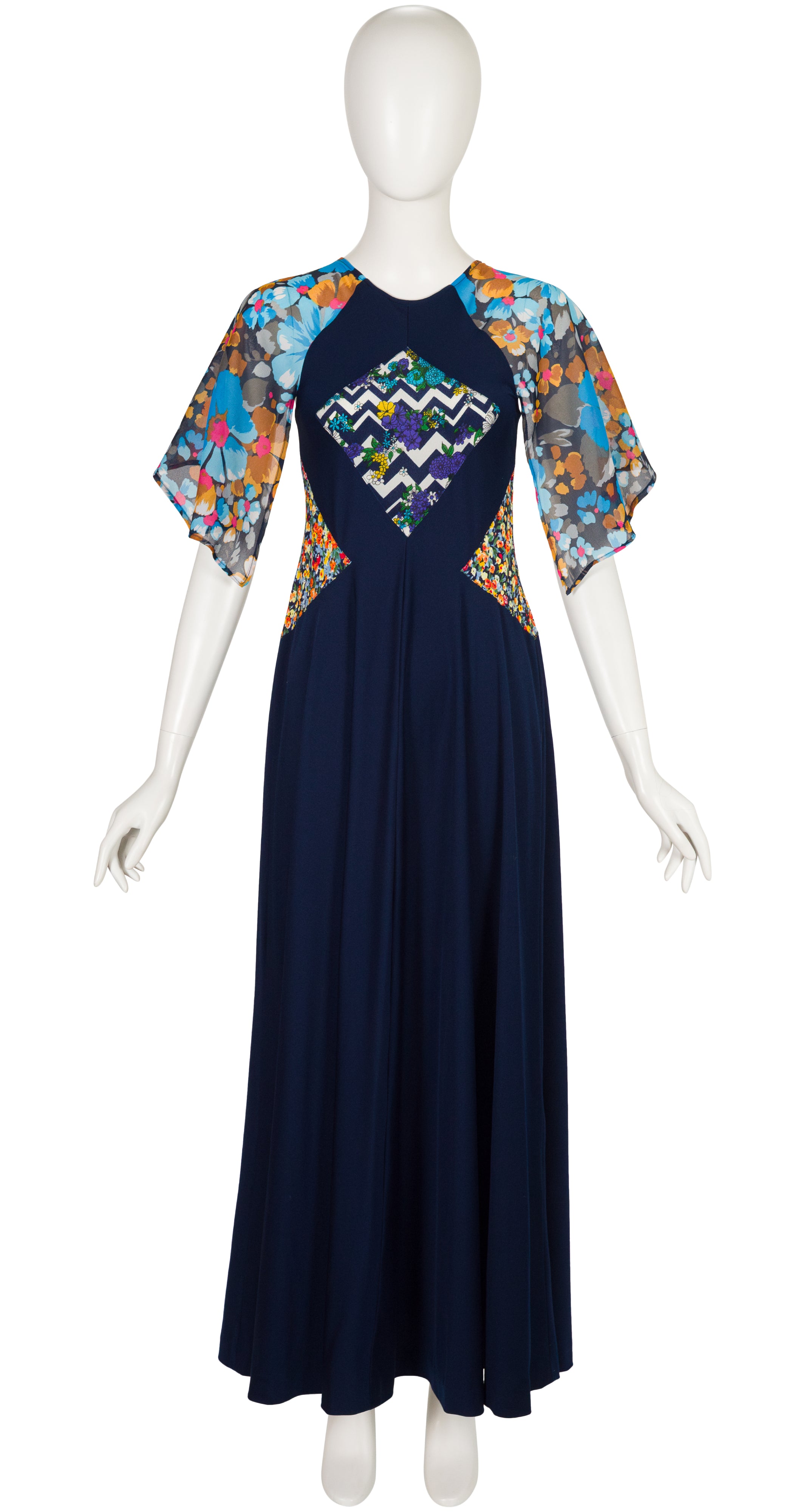 1970s Floral Patchwork Navy Jersey Maxi Dress
