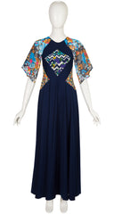 1970s Floral Patchwork Navy Jersey Maxi Dress