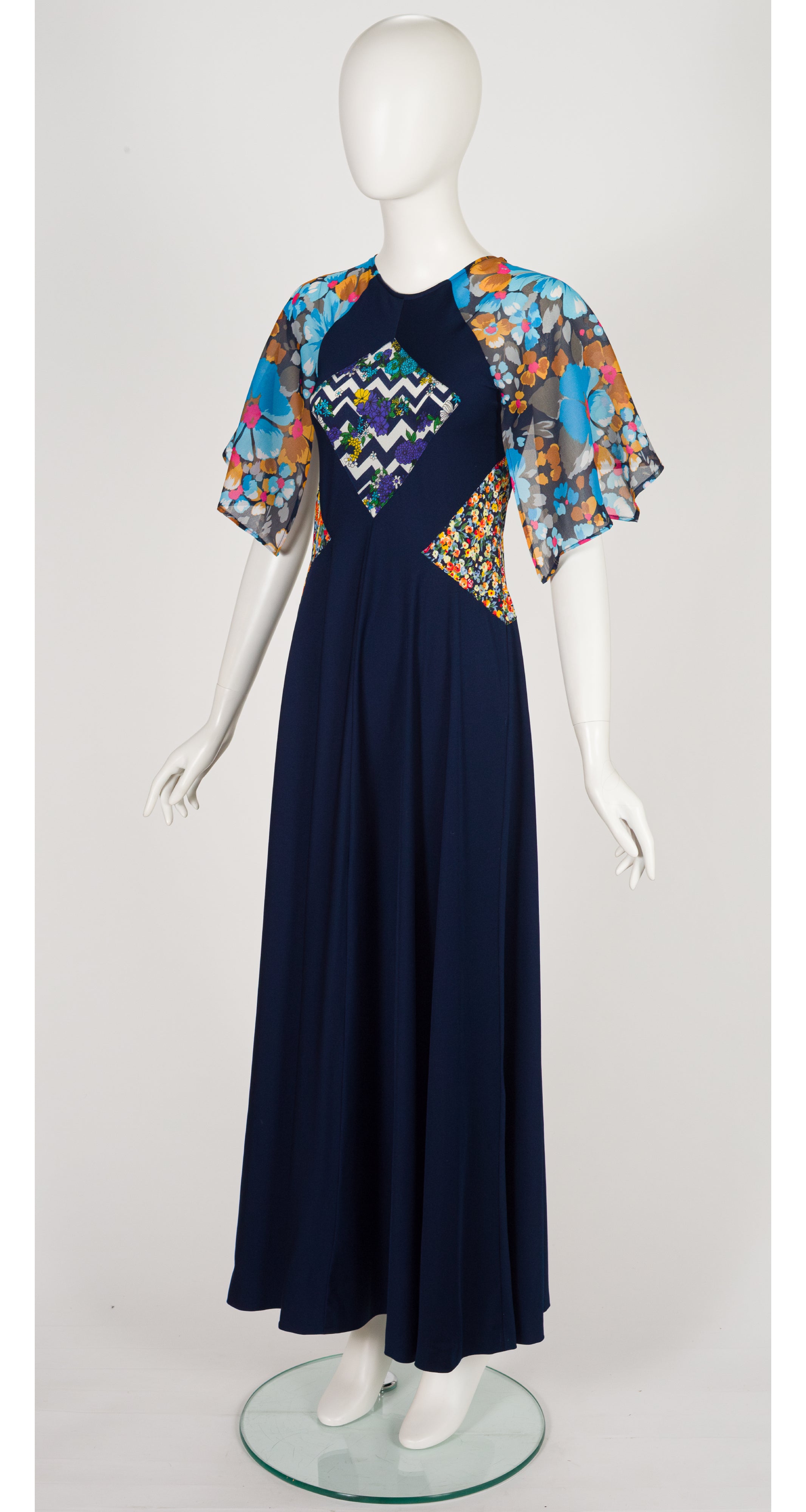 1970s Floral Patchwork Navy Jersey Maxi Dress