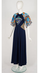 1970s Floral Patchwork Navy Jersey Maxi Dress