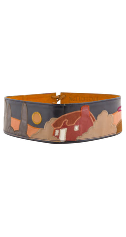 1970s Scenic Leather Appliqué Lace-Up Belt
