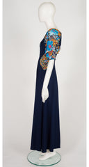 1970s Floral Patchwork Navy Jersey Maxi Dress