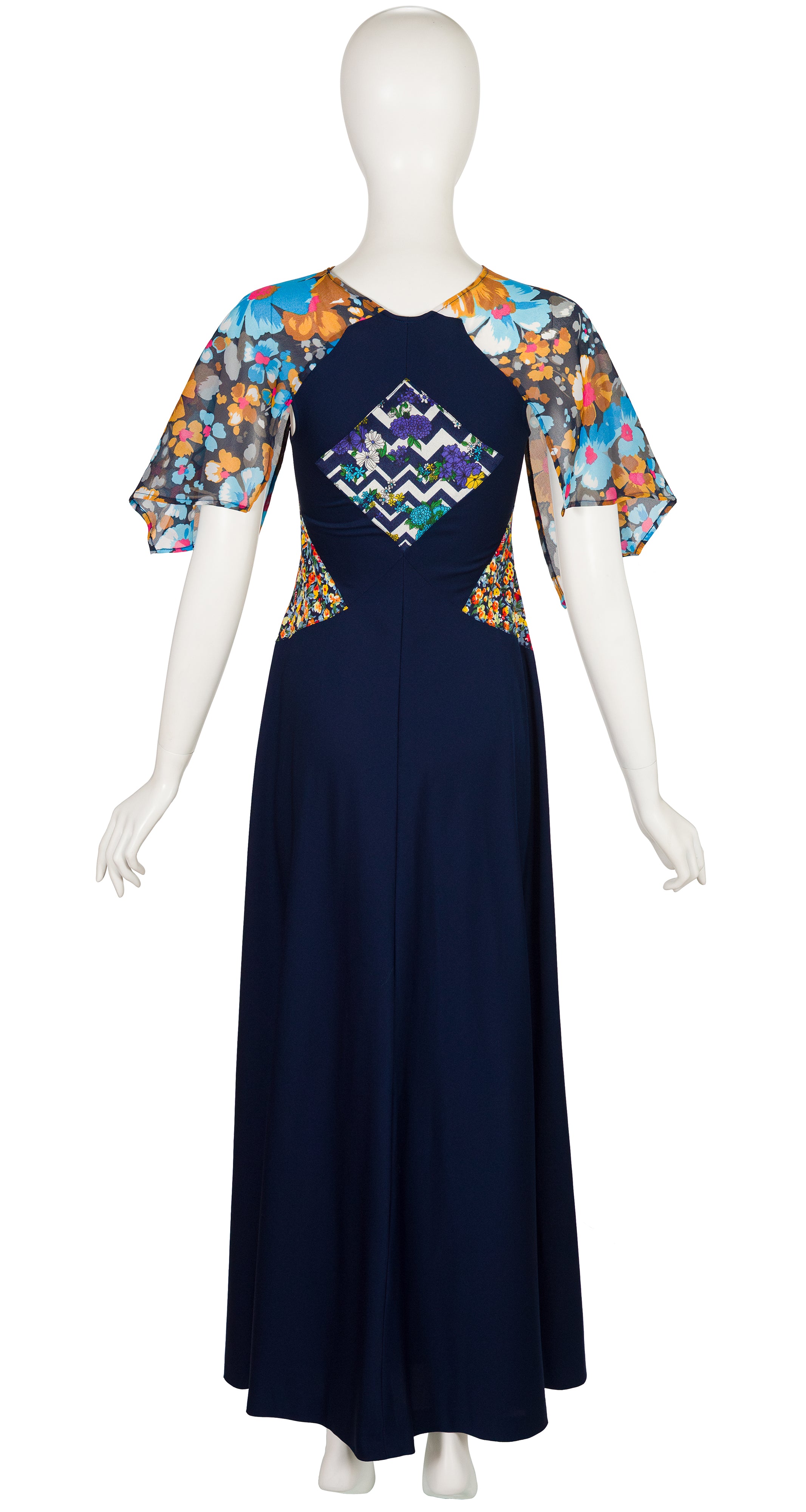 1970s Floral Patchwork Navy Jersey Maxi Dress