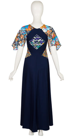 1970s Floral Patchwork Navy Jersey Maxi Dress