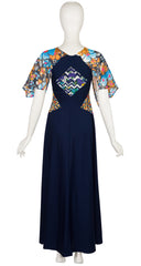 1970s Floral Patchwork Navy Jersey Maxi Dress