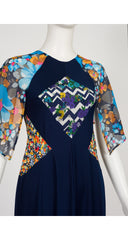 1970s Floral Patchwork Navy Jersey Maxi Dress