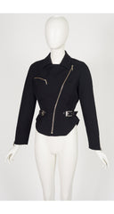 1990s Black Wool Gabardine Zip-Up Moto Jacket