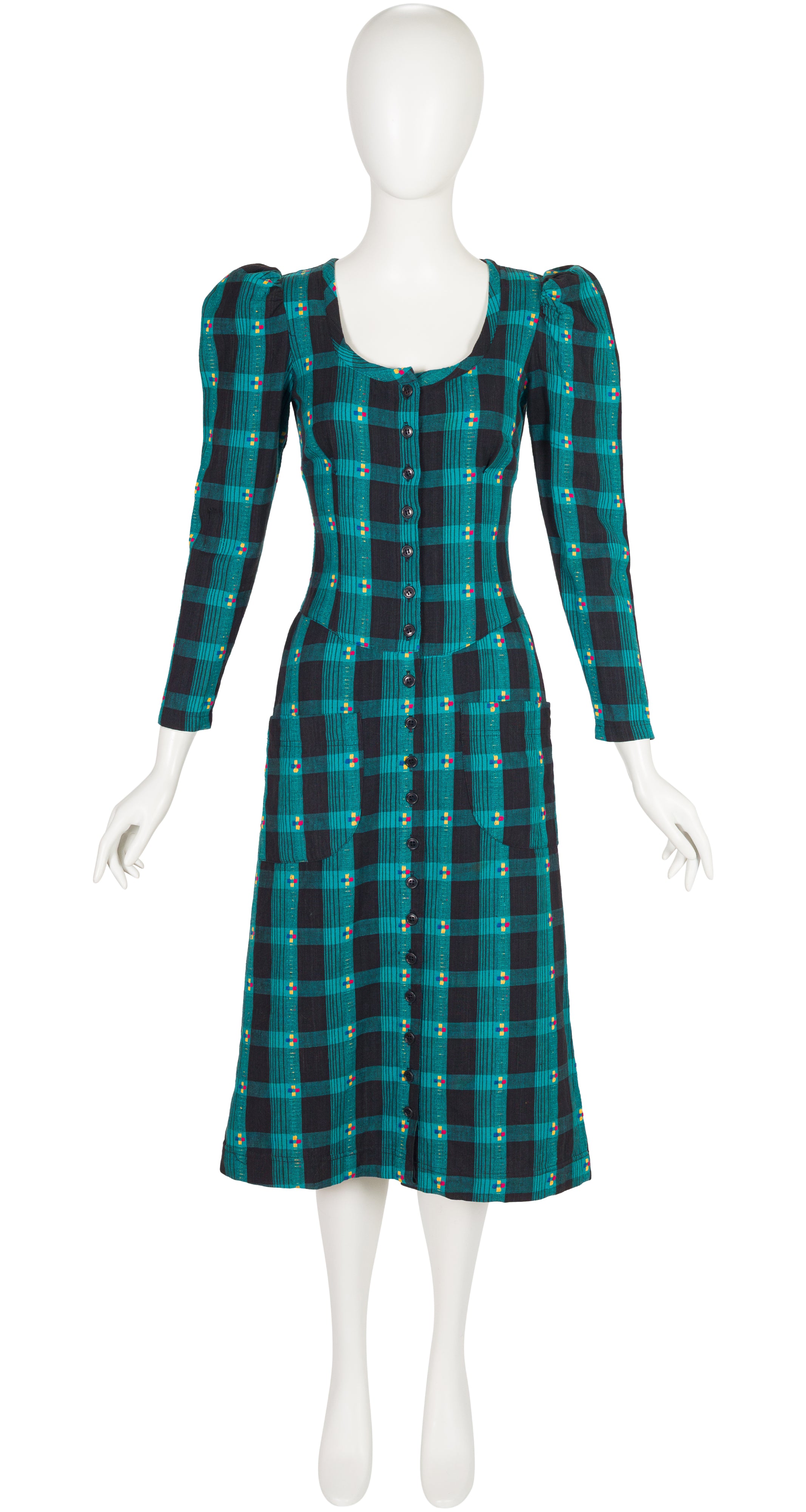 1971 S/S Teal Plaid Cotton Puff Shoulder Midi Dress
