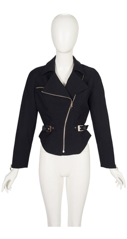 1990s Black Wool Gabardine Zip-Up Moto Jacket